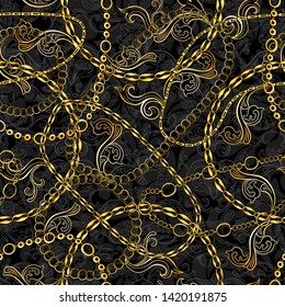 Golden Chains Baroque Jewelry Seamless Vector Pattern. Gold Accessory Backdrop for fashion Art Design. Decorative Trendy Bandanna Scarf