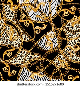 Golden Chains, Baroque Ornaments mixed with Tiger and Zebra Animals Patterns. Seamless pattern with black background. The Eighties stylized fashion