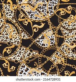 Golden Chains, Baroque Ornaments mixed with Tiger and Zebra Animals Patterns. Seamless pattern with black background. The Eighties stylized fashion