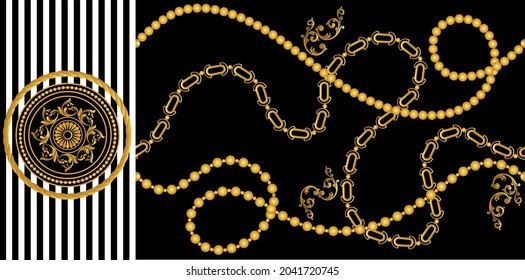 Golden Chains with Baroque Pattern on Black. Vector Illustration.
