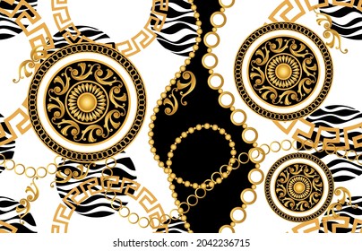 Golden Chains with Baroque Pattern on White. Vector Illustration.
