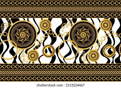 Golden chains with baroque pattern on wave. Vector Illustration.