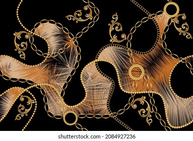 Golden Chains with Baroque Pattern. Vector design for fashion prints and backgrounds.