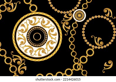 Golden chains with baroque pattern. Vector Illustration.