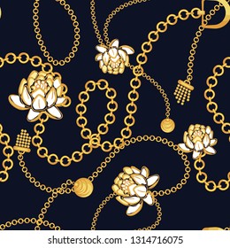 Golden chains bold floral blue pattern fashion vector design. Jewelry pendants accessories seamless print with texture for scarves, fabric and dress.