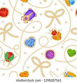 Golden Chains and Brooch with Gemstones Seamless Pattern. Jewelry Emeralds, Gold Accessories, Gems and Diamonds Fashion Pattern for Fabric Textile. Vector illustration