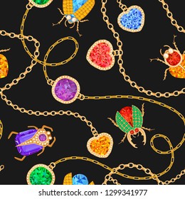 Golden Chains and Brooch with Gemstones Seamless Pattern. Jewelry Emeralds, Gold Accessories, Gems and Diamonds Fashion Pattern for Fabric Textile. Vector illustration