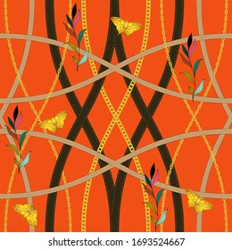 Golden chains and butterflies, leather belts and delicate twigs with leaves on a orange, tangerine color background vector seamless pattern. Design for fabric, wallpaper, scarves and clothes.