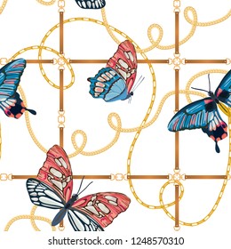 Golden Chains and butterflies Seamless Pattern. Fashion Background of Gold Links with butterfly. Fabric Design with Jewelry Chain for Textile, Wallpaper. Vector illustration
