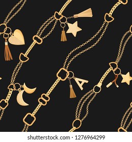 Golden Chains and Charms with Diamonds Seamless Pattern. Fashion Fabric Background with Gold, Gemstones and Jewelry Elements for Wallpapers, Print. Vector illustration
