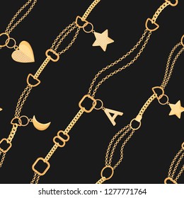 Golden Chains and Charms Seamless Pattern. Fashion Fabric Background with Gold, Gemstones and Jewelry Elements for Wallpapers, Print. Vector illustration