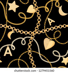 Golden Chains and Charms Seamless Pattern. Fashion Fabric Background with Gold, Gemstones and Jewelry Elements for Wallpapers, Print. Vector illustration