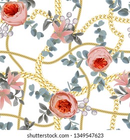 Golden chains check seamless pattern with flowers on white background. Fashion luxury gold and floral background with jewelry pendants for textile prints, wallpapers, wrapping, silk shawls.