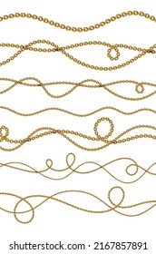 Golden Chains Collection, Vector Cartoon Illustration of Jewelry Chains Isolated on White Background. Gold Chain. 3d Realistic Stainless Steel Chain Jet. 