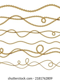 Golden Chains Collection, Vector Cartoon Illustration of Jewelry Chain Link Isolated on White Background. Gold Chain. 3d Realistic Stainless Steel Chain Jet. 