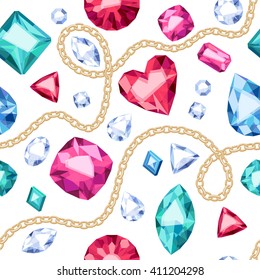 Golden chains and colorful gemstones seamless pattern on white background. Assorted diamonds rubies emeralds vector illustration. Good for cover card banner poster luxury design.