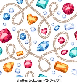 Golden chains and colorful gemstones seamless pattern on white background. Assorted diamonds rubies emeralds vector illustration. Good for cover card banner poster luxury design.