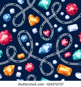 Golden chains and colorful gemstones seamless pattern on black background. Assorted diamonds rubies emeralds vector illustration. Good for cover card banner poster luxury design.