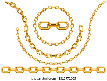 Golden chains in different sizes in the forms of a circle, curves and a straight line, on a white isolated background