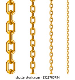 Golden chains in different sizes in a vertical position on a white isolated background