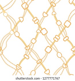 Golden Chains Fashion Seamless Pattern. Fabric Background with Gold Chain. Luxury Design with Jewelry Elements for Textile, Wallpaper. Vector illustration