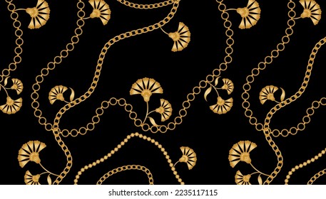 Golden chains with floral pattern. Vector Illustration.