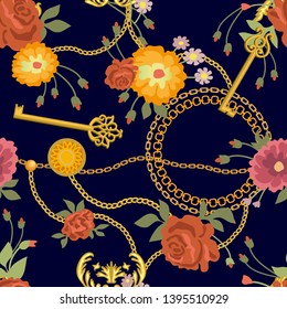 Golden chains and flowers. Seamless vector pattern with roses and jewelry elements. On black background.