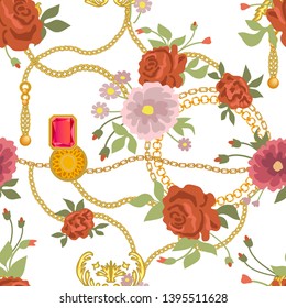 Golden chains and flowers. Seamless vector pattern with roses and jewelry elements. On light background.