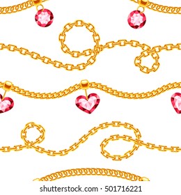 Golden chains with gemstones jewels vector seamless pattern. Luxury precious necklace with gemstone illustration