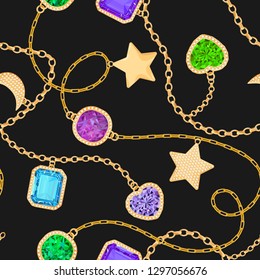 Goldene Ketten und Edelsteine Nahtloses Muster. Schmuck-Smaragde, Gold-Accessoires, Edelsteine und Diamanten-Modemuster für Textilgewebe. Vektorgrafik
