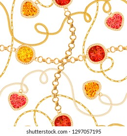 Golden Chains and Gemstones Seamless Pattern. Jewelry Emeralds, Gold Pendants, Gems and Diamonds Fashion Pattern for Fabric Textile. Vector illustration