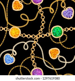 Chaînes d'or et Motif harmonieux de pierres précieuses. Les émeraudes de bijoux, les prédateurs d'or, les pierres précieuses et les diamants Motif de mode pour le textile de tissu. Illustration vectorielle