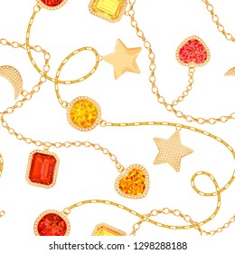 Goldene Ketten und Edelsteine Nahtloses Muster. Schmuck-Smaragde, Gold-Accessoires, Edelsteine und Diamanten-Modemuster für Textilgewebe. Vektorgrafik