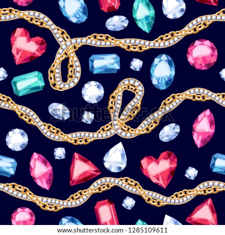 Golden chains with gemstones seamless pattern on black background. Necklace or bracelet illustration. Good for cover card banner luxury design.