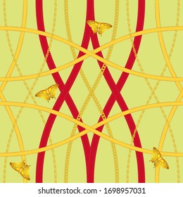 Golden chains, gold butterfly and leather belts on a lemon yellow, chartreuse color background vector seamless pattern. Design for fabric, wallpaper, scarfs and clothes.