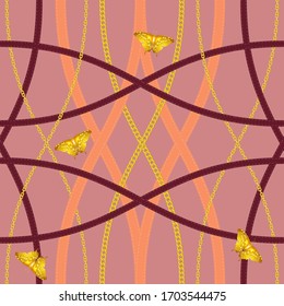 Golden chains, gold butterfly and leather belts on a hot pink color background vector seamless pattern. Design for fabric, wallpaper, scarfs and clothes.