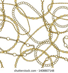 Golden chains hand drawn seamless pattern. Precious jewellery on white background. Realistic bracelets and necklaces backdrop. Fashionable accessory chaotic texture. Decorative wrapping paper design