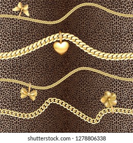 Golden chains horizon seamless pattern on leopard background. Fashion luxury gold and animal background with jewelry pendants for textile prints, wallpapers, wrapping, silk shawls.