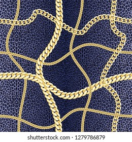 Golden chains horizon seamless pattern on blue leopard background. Fashion luxury gold and animal background with jewelry pendants for textile prints, wallpapers, wrapping, silk shawls.