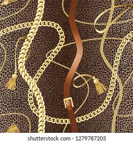 Golden chains horizon seamless pattern on leopard background. Fashion luxury gold and animal background with jewelry pendants for textile prints, wallpapers, wrapping, silk shawls.