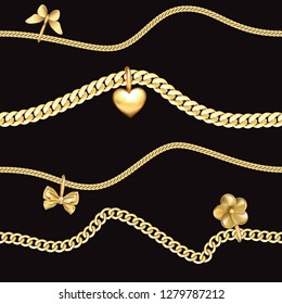 Golden chains horizon seamless pattern. Fashion luxury background with jewelry for textile prints, wallpapers, wrapping.