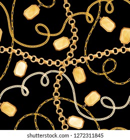 Golden Chains and Jewelry Elements Seamless Pattern. Luxury Fashion Fabric Design Print with Gold Chain and Gemstones Background, Wallpaper. Vector illustration