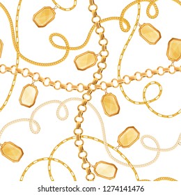 Golden Chains and Jewelry Elements Seamless Pattern. Luxury Fashion Fabric Design Print with Gold Chain and Gemstones Background, Wallpaper. Vector illustration