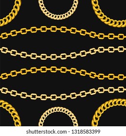 Golden chains jewelry seamless pattern on black background. The pattern can be repeated without any visible seams