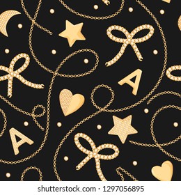 Golden Chains and Jewels with Diamonds Seamless Pattern. Fashion Background with Gold Chain, Jewelry Accessories and Gems for Textile, Fabric Print. Vector illustration