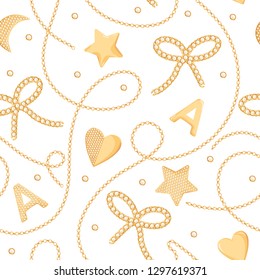 Golden Chains and Jewels with Diamonds Seamless Pattern. Fashion Background with Gold Chain, Jewelry Accessories and Gems for Textile, Fabric Print. Vector illustration
