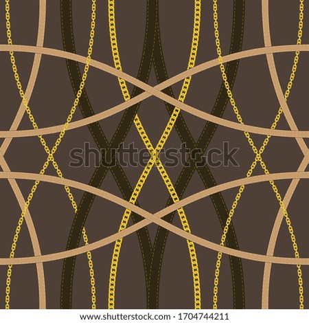 Golden chains and leather belts on a tan broun color background vector seamless pattern. Design for fabric, wallpaper, scarfs and clothes.