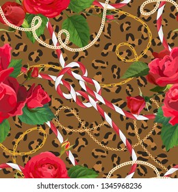Golden Chains, Leopard Skin and Flowers Fabric Seamless Pattern. Fashion Background with Gold Chain, Rope and Floral Elements for Wallpaper, Textile Print. Vector illustration