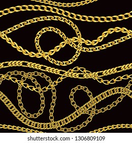 Golden chains and necklaces wallpaper abstract vector seamless pattern on black background