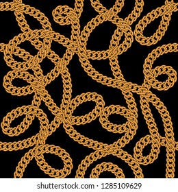 Golden chains on black background seamless pattern.